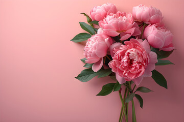 Wall Mural - Top view photo of fresh pink peony and roses on pastel pink background with blank space, Mother's Day concept