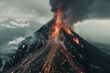 Volcanic eruption volcano erupting with smoke ashes old mountain peak sky covered with fumes natural disaster catastrophe exploding explosion national park lava