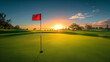 Golf Course at Sunset with Red Flag