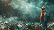 Person in hard hat facing large pile of garbage under gloomy sky