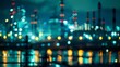 Defocused silhouettes of industrial structures softly illuminated by the glow of a bustling metropolis at night. .