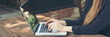 Banner Woman typing laptop computer online meeting at home office work from home. Asian businesswoman use notebook laptop. Programmer woman typing keyboard laptop read online website with copy space