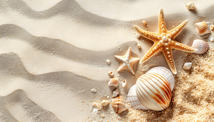 Wall Mural - Summer travel background from beach sand with starfish and seashell, Top view. Perfect for travel advertisements and vacation promotions.