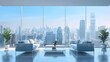 Minimalist modern living room foreground with high-rise city in the background, floor to ceiling windows, minimalist background, bright style
