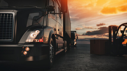 Wall Mural - Trailer trucks lined up in the parking lot as the sun sets.