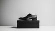 Elegant black leather shoe on minimal setup - A classic men's black leather shoe presented on a black box with a plain light background for a sleek and sophisticated vibe