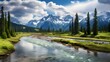 Panoramic view of mountains and river in Alaska, USA.