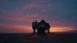 Solitary house under vibrant sunset skies - A lone house stands against a mesmeric sunset, offering a sense of solitude and calm in a vast open landscape
