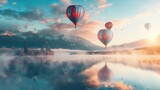 Peaceful Hot Air Balloon Scene at Dawn - A serene dawn landscape with colorful hot air balloons floating over calm waters and mountains in the distance