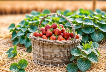 Wall Mural - Fresh Organic Strawberries in Basket on Pick-Your-Own Farm