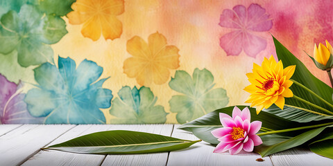Wall Mural - Kanakambaram Flower in worship in front of a watercolor background with copy space