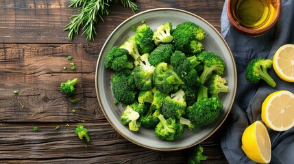 Sticker - Healthy dish of broccoli cooked in lemon and olive oil on a plate Wooden backdrop Overhead shot with space for text or branding