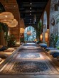 Modern Zen Style Lounge with Rattan Lighting and Tropical Plants