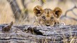A lion cub on a log in grass