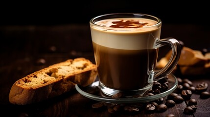 Wall Mural - Espresso macchiato, close-up, with a perfect dollop of foam, in a small glass cup, accompanied by a dark chocolate biscotti.