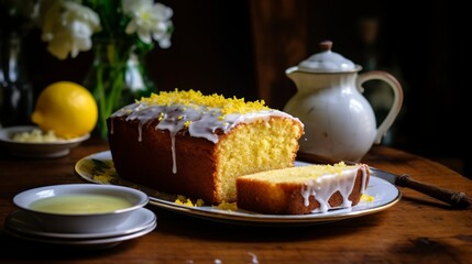 Wall Mural - Lemon drizzle cake, close-up, with a moist texture and tangy icing, on a ceramic plate next to a cup of herbal tea. 