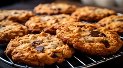 Wall Mural - Organic oatmeal cookies with dark chocolate chunks, close-up, on a cooling rack, highlighting the wholesome, hearty texture.