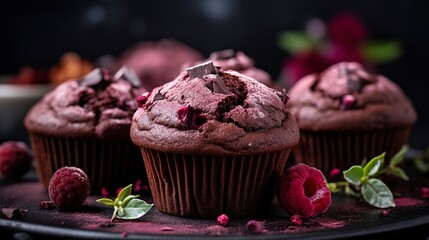 Poster - Beetroot and chocolate muffins, close-up, showcasing the unexpected color and moist texture, on a slate serving platter. 