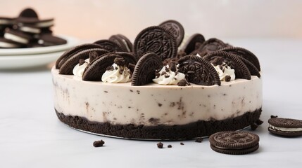 Sticker - Oreo cheesecake, close-up, with Oreo pieces in the filling and a whole Oreo cookie garnish, on a cool, marble countertop. 