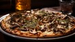 Close-up of a wild mushroom and truffle oil pizza, showcasing the variety of mushrooms and the aromatic oil, on a ceramic plate. 