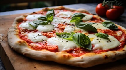 Poster - Margherita pizza, close-up, with the mozzarella melted to perfection and fresh basil leaves adding a pop of color, on a rustic table. 