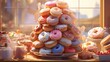 Close-up of a bakery counter piled high with assorted doughnuts, with vibrant icings and toppings, in a casual cafÃ©.