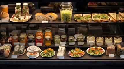 Wall Mural - Close-up of a coffee shop display case with savory options, including sandwiches and quiches, neatly arranged on slate boards. 