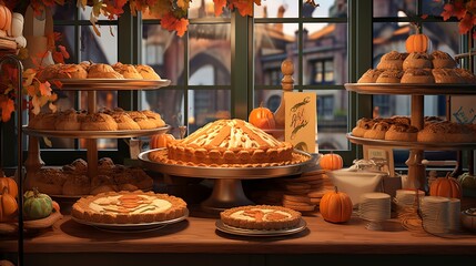 Wall Mural - Seasonal bakery showcase, close-up, featuring pumpkin pies and apple tarts for fall, decorated with thematic accents, in a cozy bakery.