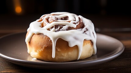Wall Mural - Close-up of a freshly baked cinnamon roll with dripping cream cheese frosting, on a rustic wooden table. 