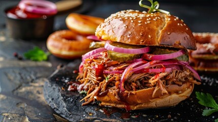 Poster - Pulled pork sandwich on bun with pickles and onions