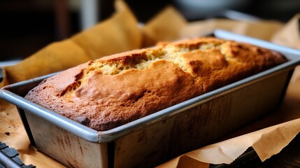 Poster - Close-up of banana bread in a loaf tin, showcasing the moist crumb and cracked top, fresh out of the oven.