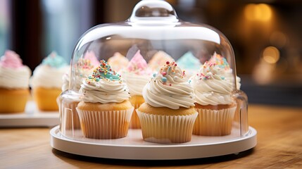 Poster - Close-up of a cupcake carrier with a handle, showcasing cupcakes with intricate icing, through the clear dome lid. 