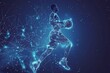 A modern art artwork depicting a man player pro sprinting with a basketball in a low polygonal layout over a setting of blue geometric wireframe components and space, Generative AI.