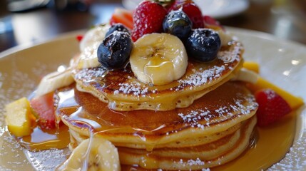 Sticker - Pancakes with fruit and sugar on plate