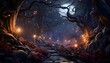 Scary dark forest at night 3d illustration. Halloween background.