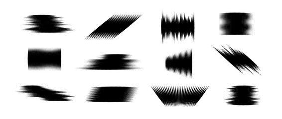 Halftone glitch element set. Dotted textured geometric form collection. Grunge abstract halftone shapes for background, banner, poster, collage, overlay, label, tag. Distressed distorted vector pack
