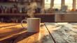 A hot coffee mug with steam rising from it, set on a rustic wooden table in a cozy kitchen.