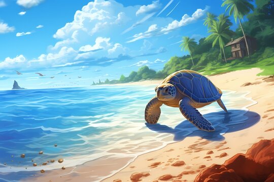 cartoon illustration, a turtle is walking on the beach