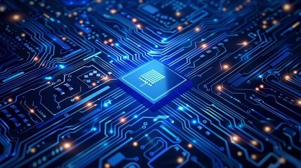 Abstract blue circuit board background with chip and light effect, tech concept vector illustration design for web banner or presentation of computer technology concepts Abstract