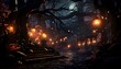3d illustration of a creepy dark forest at night with lanterns