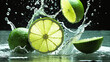 Super Slow Motion Shot of Fresh Lime Slices Falling into Water Whirl at 1000 fps Black Background
