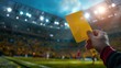A photograph depicting a guy referee brandishing a yellow card over a backdrop of a football stadium sporting multiple lights on and space, Generative AI.