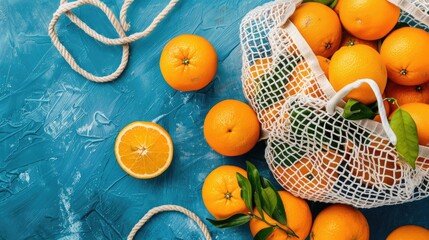 Sticker - Top view of a colored background with a net bag full of fresh oranges