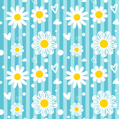 seamless pattern, blue wallpaper with daisy camomile