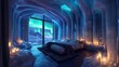 A serene and tranquil bedroom warmly lit by candles and featuring a carved ice bed frame with views of the ethereal Aurora Borealis outside. 2d flat cartoon.