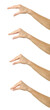 Hand measuring invisible items gesture. Multiple images set of female caucasian hand with french manicure measuring invisible items