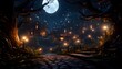 Halloween night scene with full moon and trees. 3d rendering