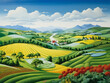 Summer pastoral scenery illustration of colorful farmland