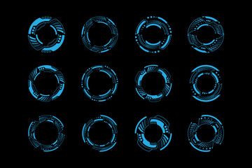 HUD round frames and borders, aim control and digital interface, vector. HUD technology and future tech game, target borders and hologram frames