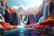 Abstract Amazing colorful waterfall streams background. Fantasy nature beauty in mountains. Water composition 3d rendering Generative AI